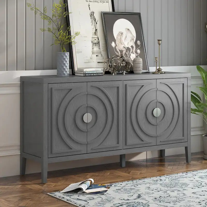Retro-Buffetschrank mit 4 Türen und kreisförmigem Rillendesign, Grau