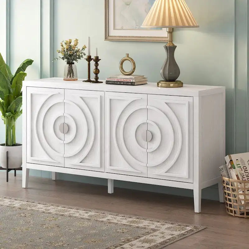 Retro 4-Door Sideboard Buffet Cabinet with Circular Groove Design Gray