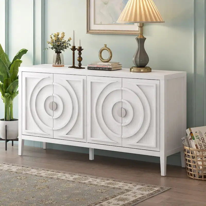Retro-Buffetschrank mit 4 Türen und kreisförmigem Rillendesign, Grau