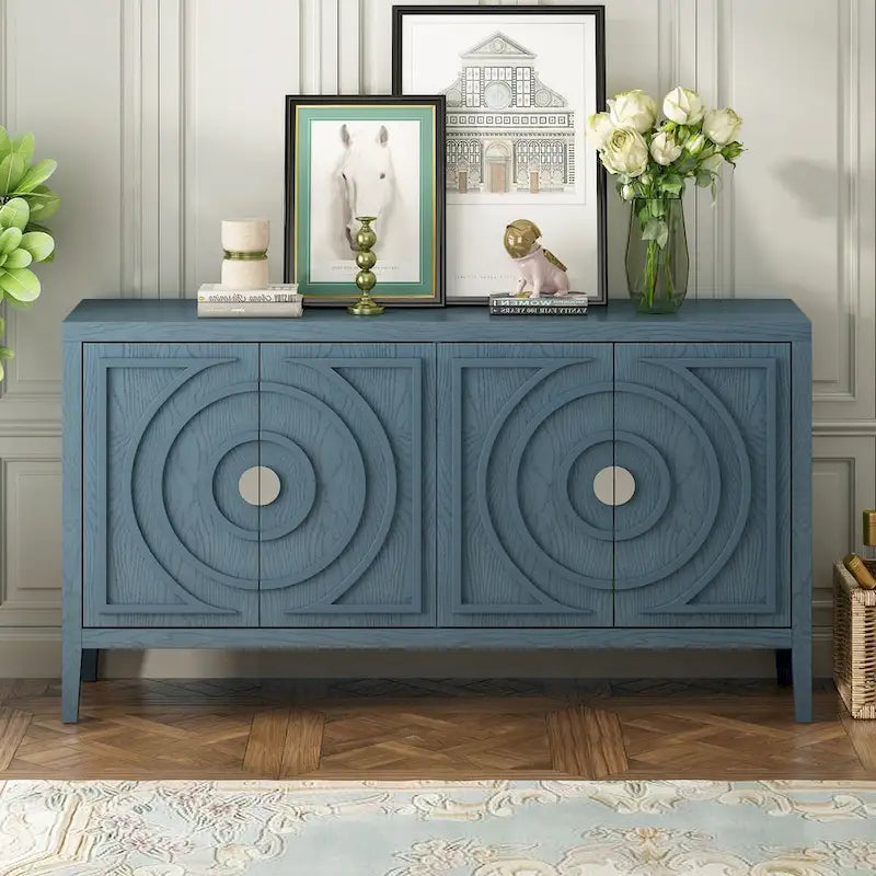 Retro-Buffetschrank mit 4 Türen und kreisförmigem Rillendesign, Grau