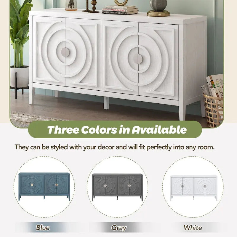 Retro 4-Door Sideboard Buffet Cabinet with Circular Groove Design Gray