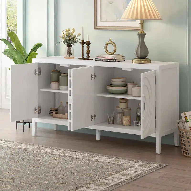 Retro-Buffetschrank mit 4 Türen und kreisförmigem Rillendesign, Grau