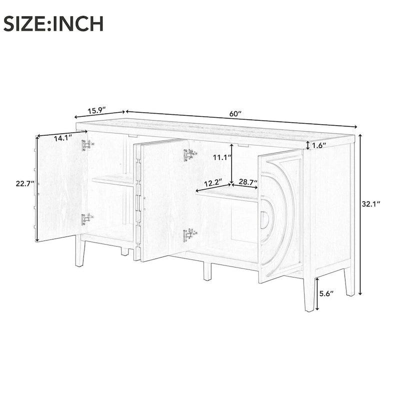 Retro-Buffetschrank mit 4 Türen und kreisförmigem Rillendesign, Grau