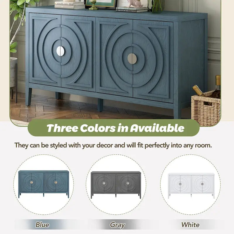 Retro-Buffetschrank mit 4 Türen und kreisförmigem Rillendesign, Grau