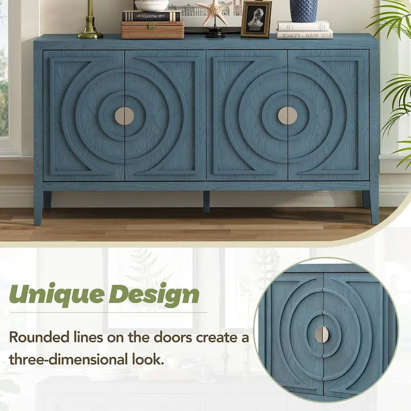 Retro-Buffetschrank mit 4 Türen und kreisförmigem Rillendesign, Grau