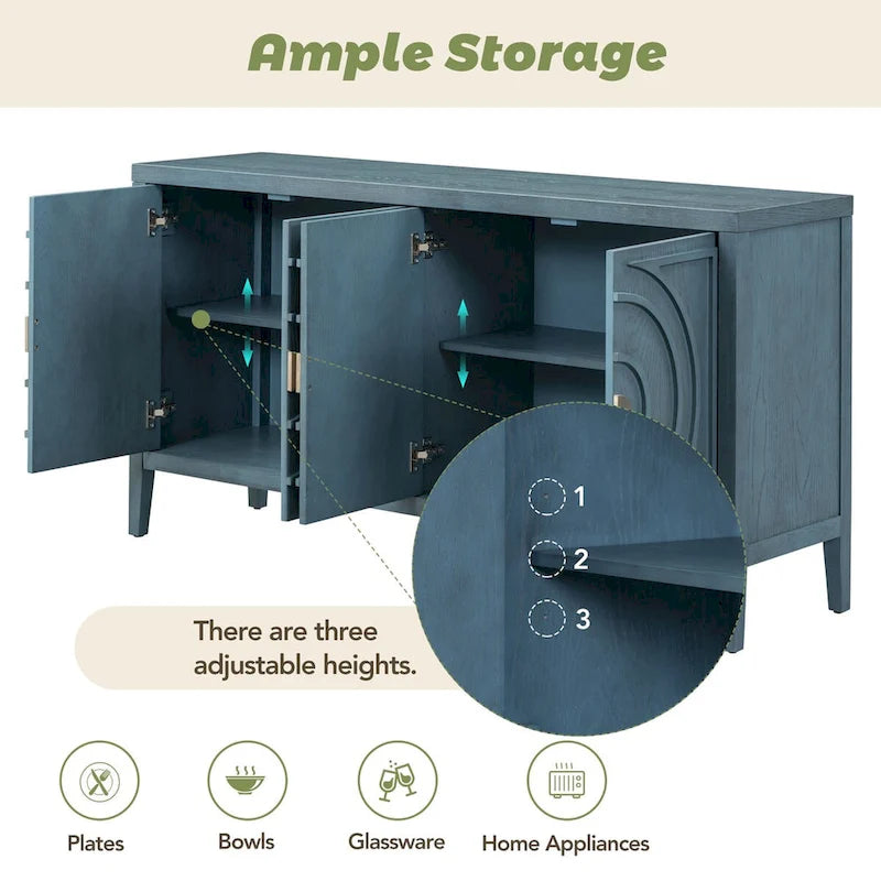 Retro-Buffetschrank mit 4 Türen und kreisförmigem Rillendesign, Grau