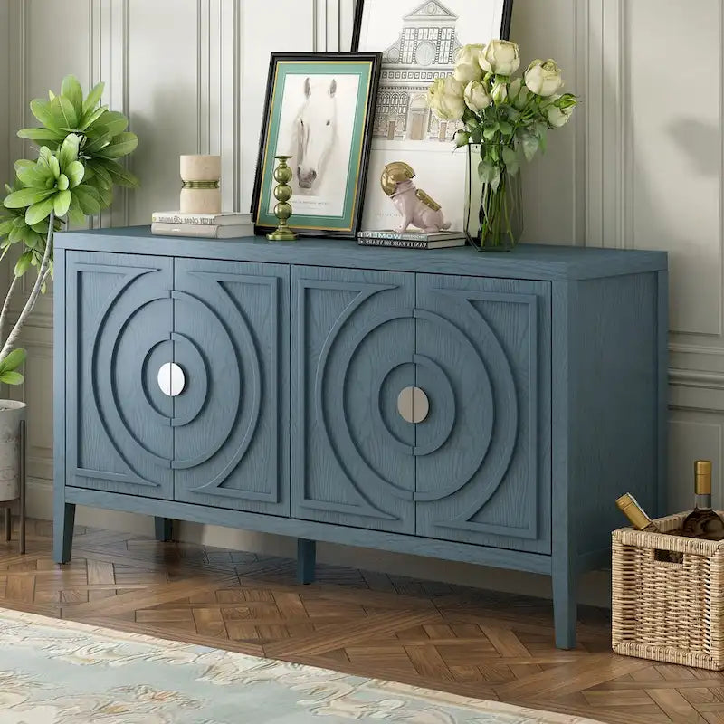 Retro-Buffetschrank mit 4 Türen und kreisförmigem Rillendesign, Grau