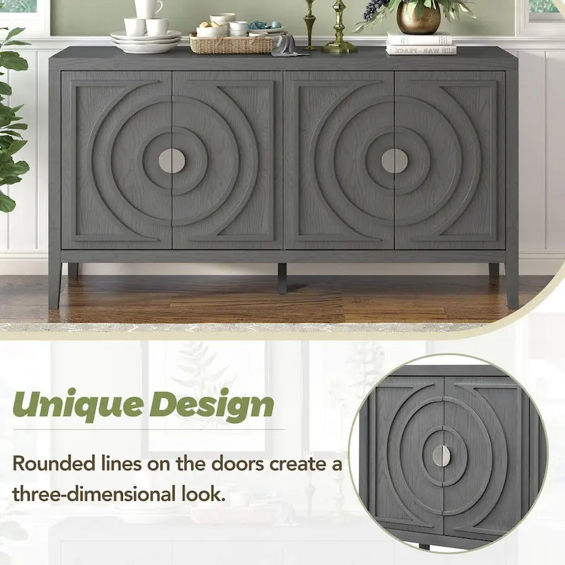 Retro-Buffetschrank mit 4 Türen und kreisförmigem Rillendesign, Grau