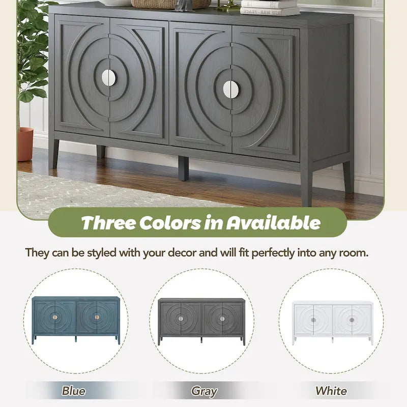 Retro-Buffetschrank mit 4 Türen und kreisförmigem Rillendesign, Grau