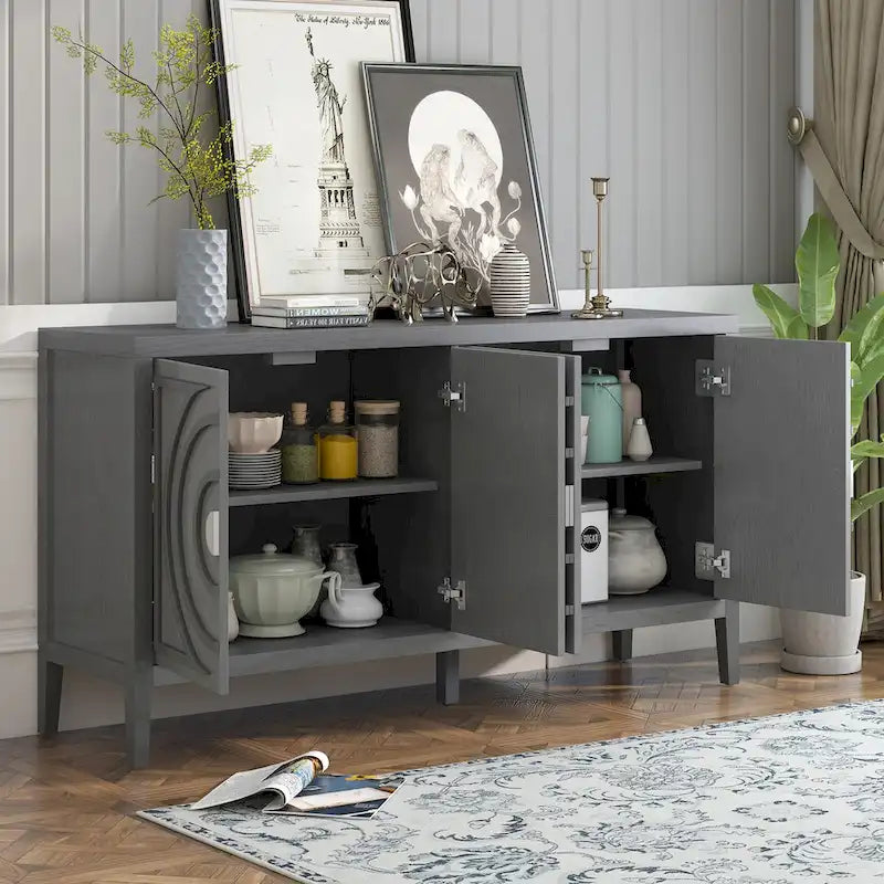 Retro-Buffetschrank mit 4 Türen und kreisförmigem Rillendesign, Grau