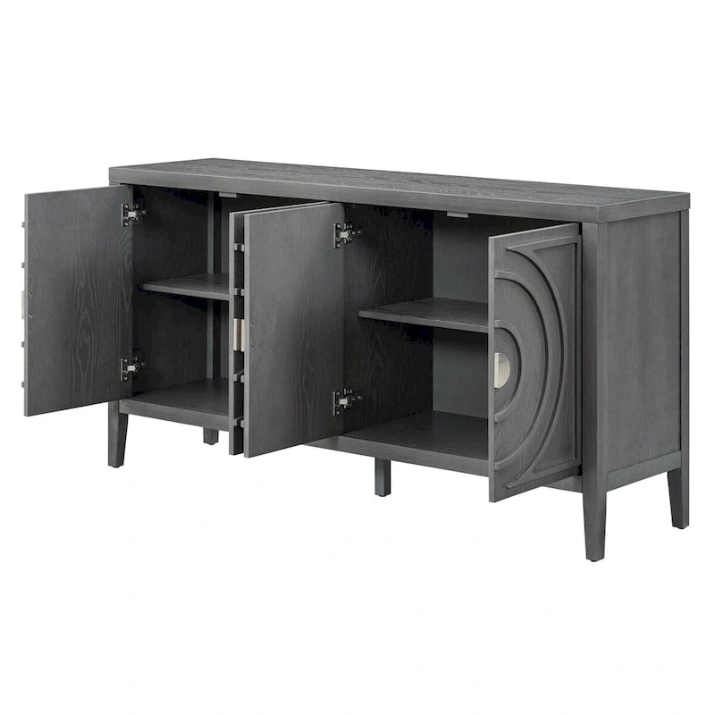 Retro-Buffetschrank mit 4 Türen und kreisförmigem Rillendesign, Grau
