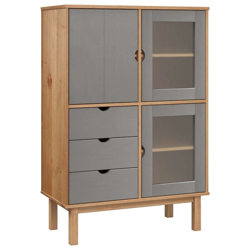 Hochschrank aus massivem Kiefernholz mit grauen Türen, 3 Schubladen und Glaseinlegeböden