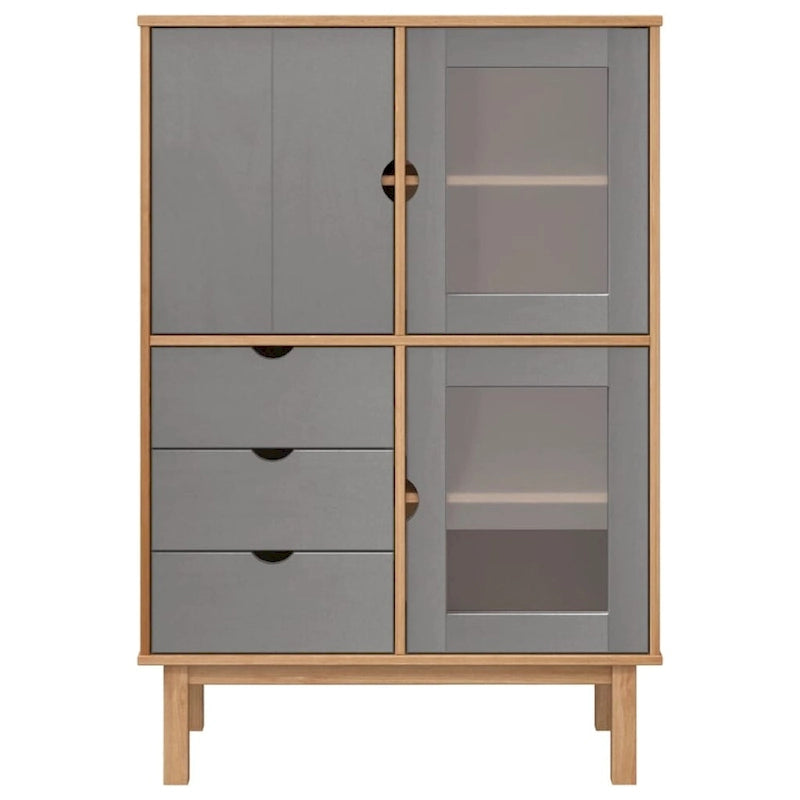 Hochschrank aus massivem Kiefernholz mit grauen Türen, 3 Schubladen und Glaseinlegeböden