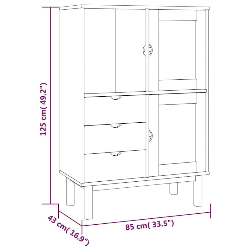 Solid Pine Wood Highboard with Grey Doors, 3 Drawers and Glass Shelves
