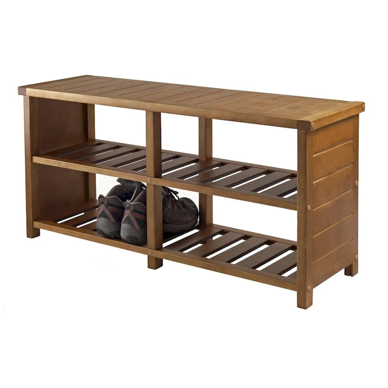 Solid Wood Shoe Storage Bench with 2-Tier Slatted Shelves, Teak