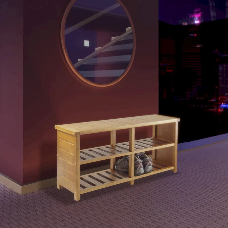 Solid Wood Shoe Storage Bench with 2-Tier Slatted Shelves, Teak