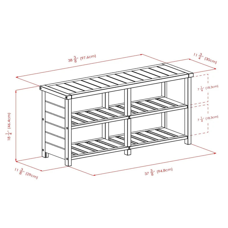 Solid Wood Shoe Storage Bench with 2-Tier Slatted Shelves, Teak