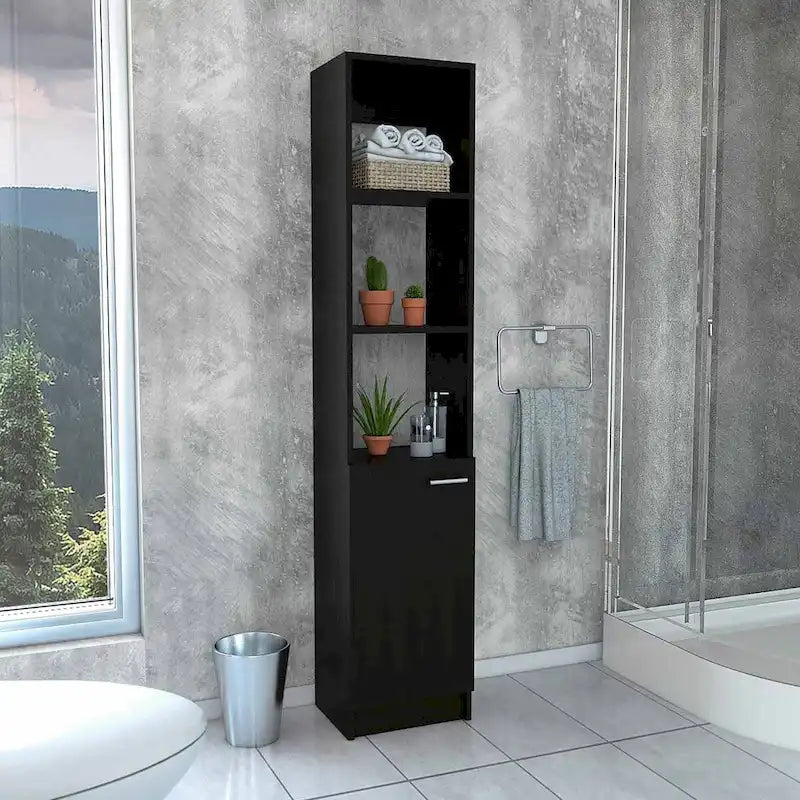 Colonne de rangement pour linge de salle de bains avec étagères ouvertes et porte inférieure, blanc/chêne/noir