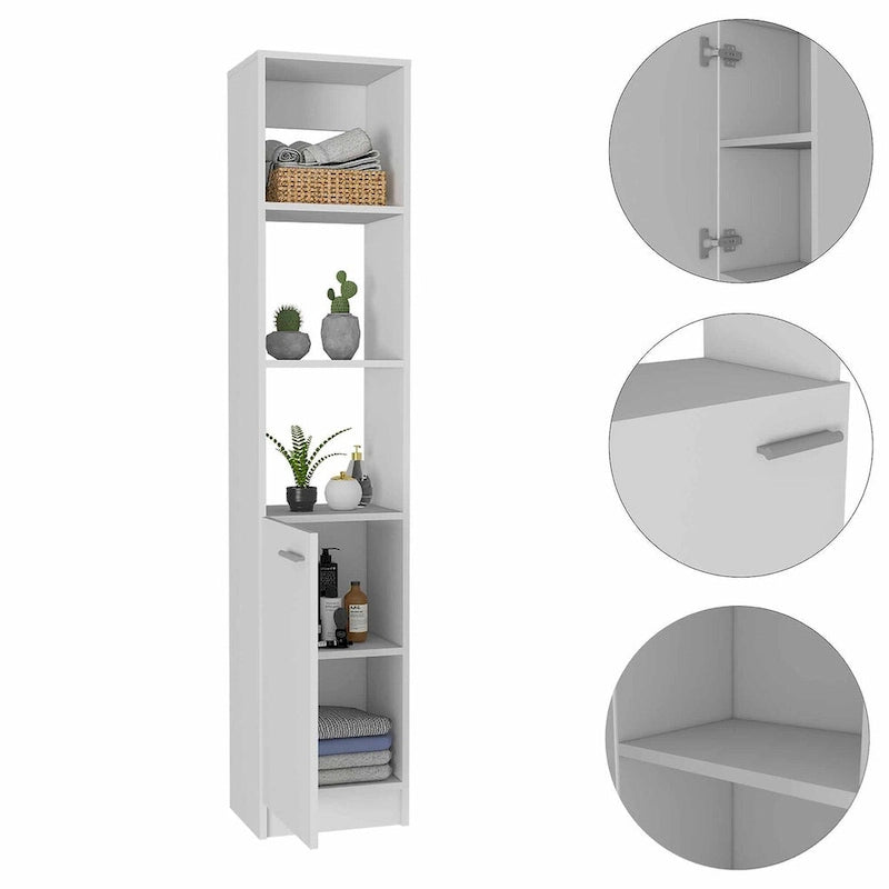 Colonne de rangement pour linge de salle de bains avec étagères ouvertes et porte inférieure, blanc/chêne/noir