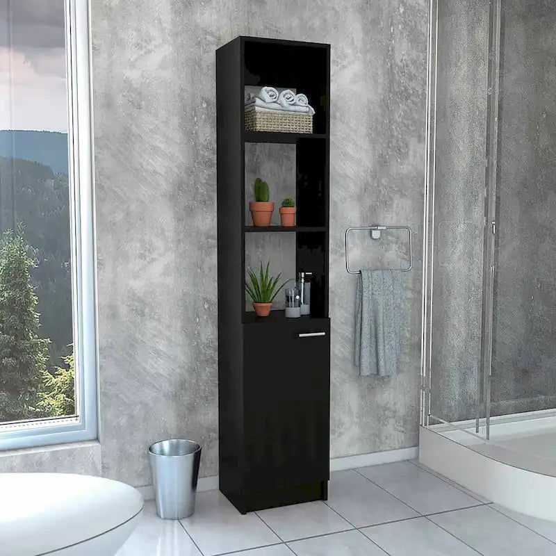 Colonne de rangement pour linge de salle de bains avec étagères ouvertes et porte inférieure, blanc/chêne/noir