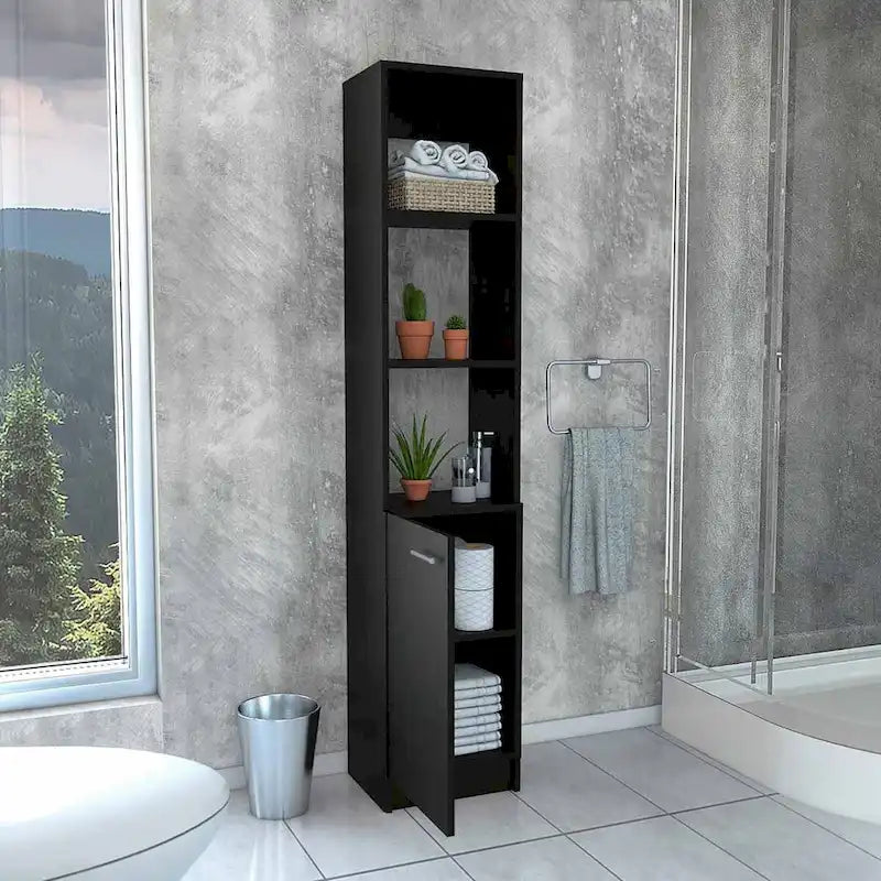 Colonne de rangement pour linge de salle de bains avec étagères ouvertes et porte inférieure, blanc/chêne/noir