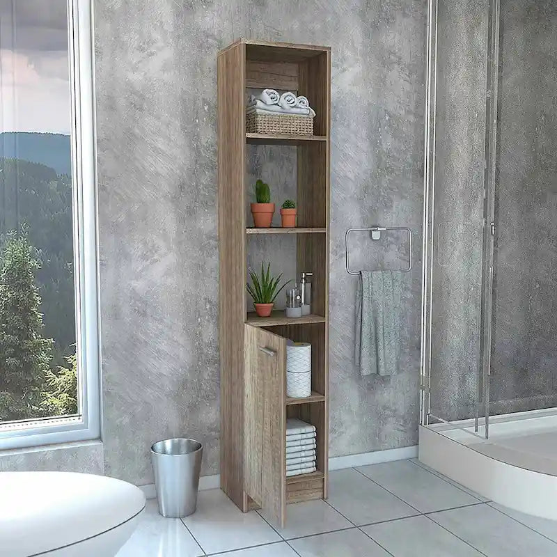 Colonne de rangement pour linge de salle de bains avec étagères ouvertes et porte inférieure, blanc/chêne/noir