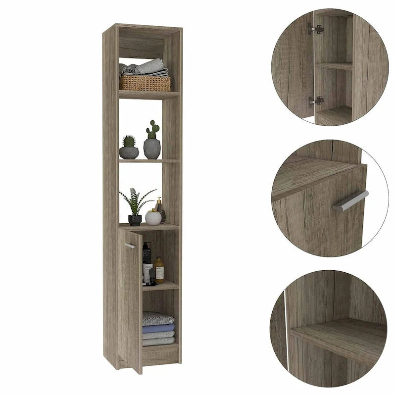 Colonne de rangement pour linge de salle de bains avec étagères ouvertes et porte inférieure, blanc/chêne/noir