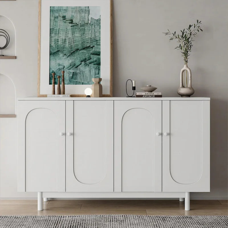 4-Door Arch Intaglio Storage Cabinet with Pine Legs, White and Mint Green