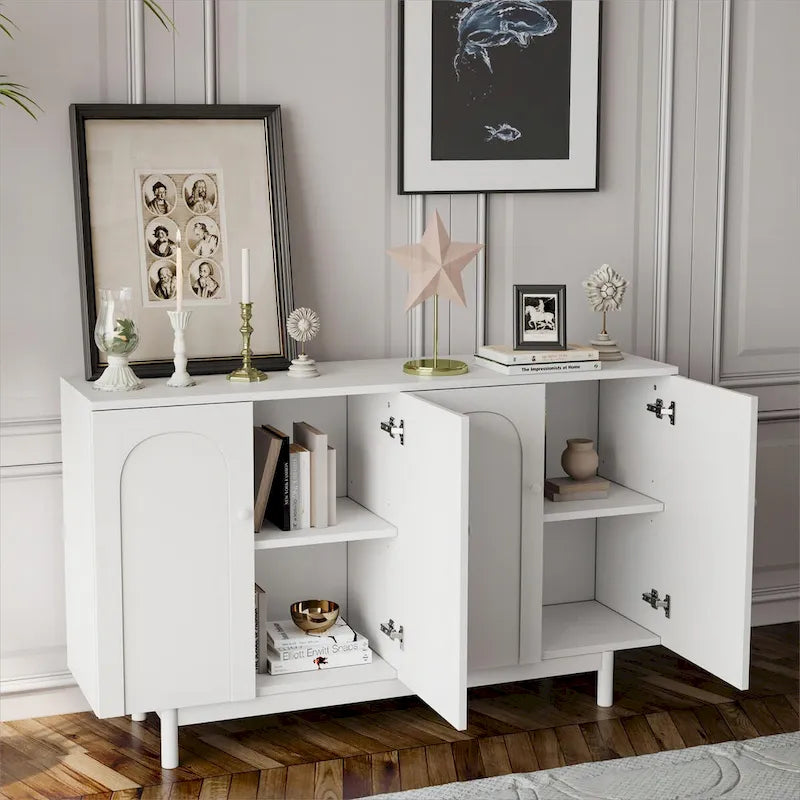 4-Door Arch Intaglio Storage Cabinet with Pine Legs, White and Mint Green