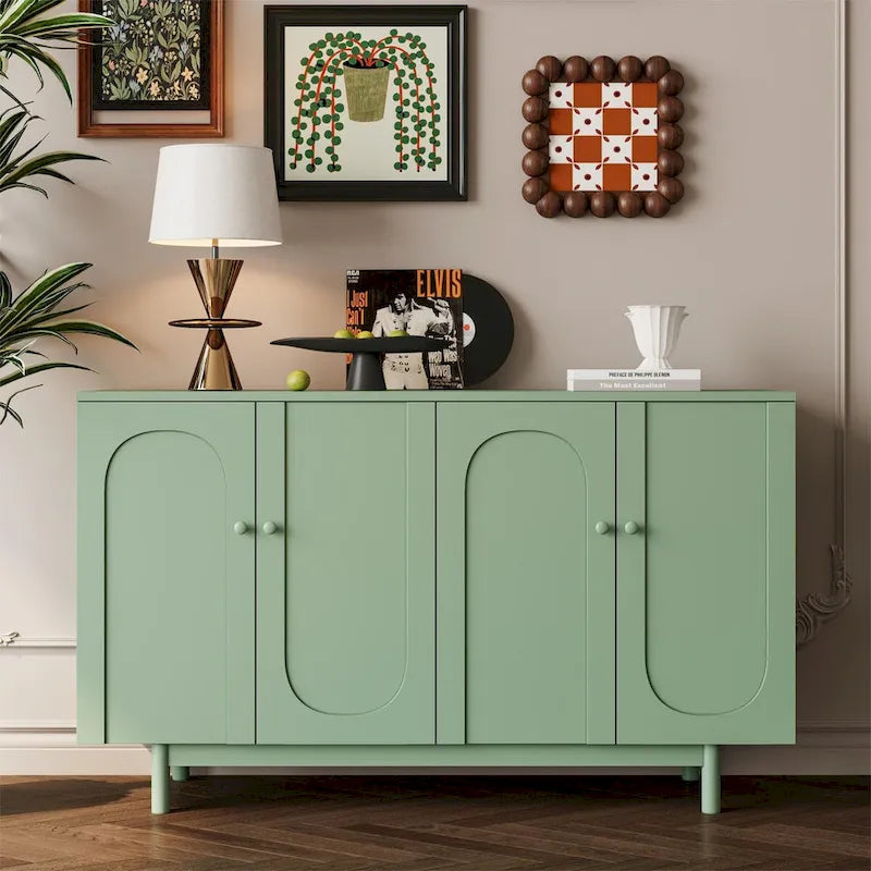 4-Door Arch Intaglio Storage Cabinet with Pine Legs, White and Mint Green