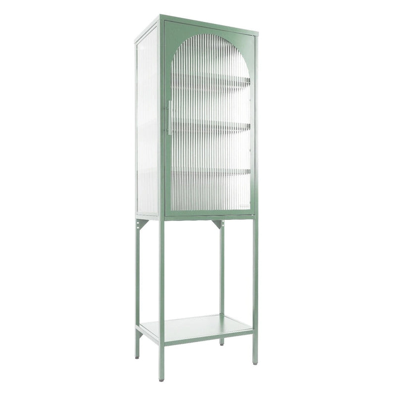 Hoher Schrank aus geriffeltem Glas mit gewölbter Tür, Metallrahmen, verstellbaren Einlegeböden, mehrfarbig