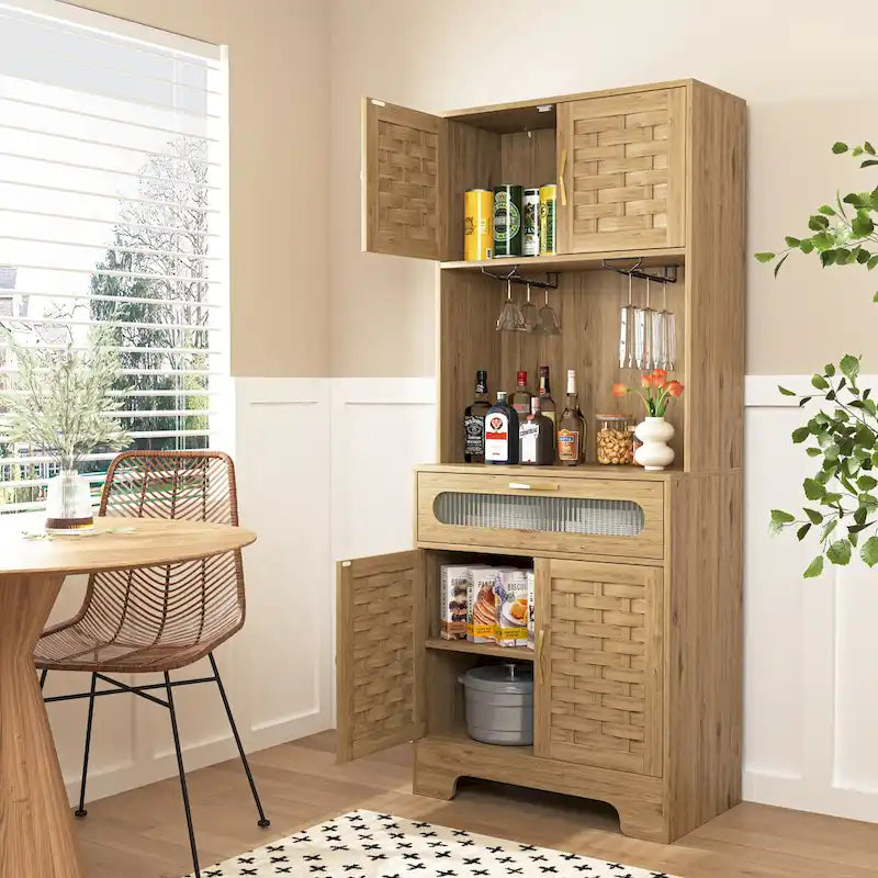 67" Tall Freestanding Bar Cabinet with Glass Holder and Woven Door, Natural Wood