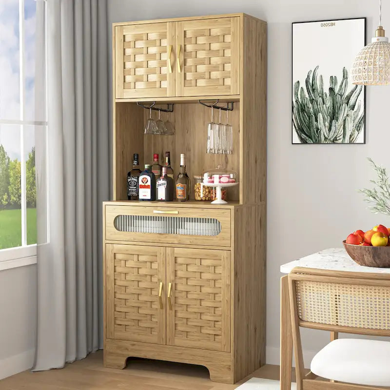 67" Tall Freestanding Bar Cabinet with Glass Holder and Woven Door, Natural Wood