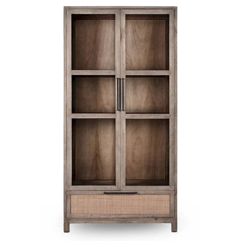 Taupe Mango Wood Display Cabinet with Glass Doors and Cane Drawer