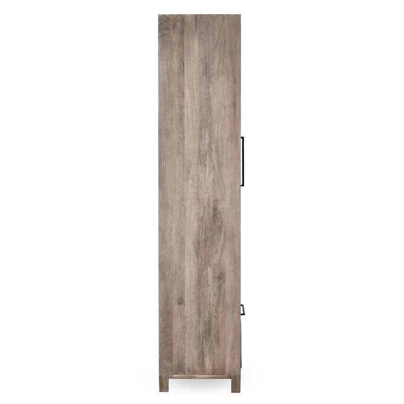 Taupe Mango Wood Display Cabinet with Glass Doors and Cane Drawer