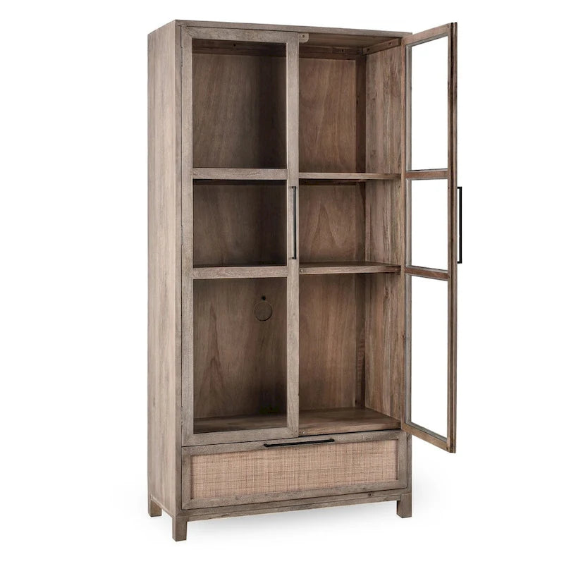 Taupe Mango Wood Display Cabinet with Glass Doors and Cane Drawer
