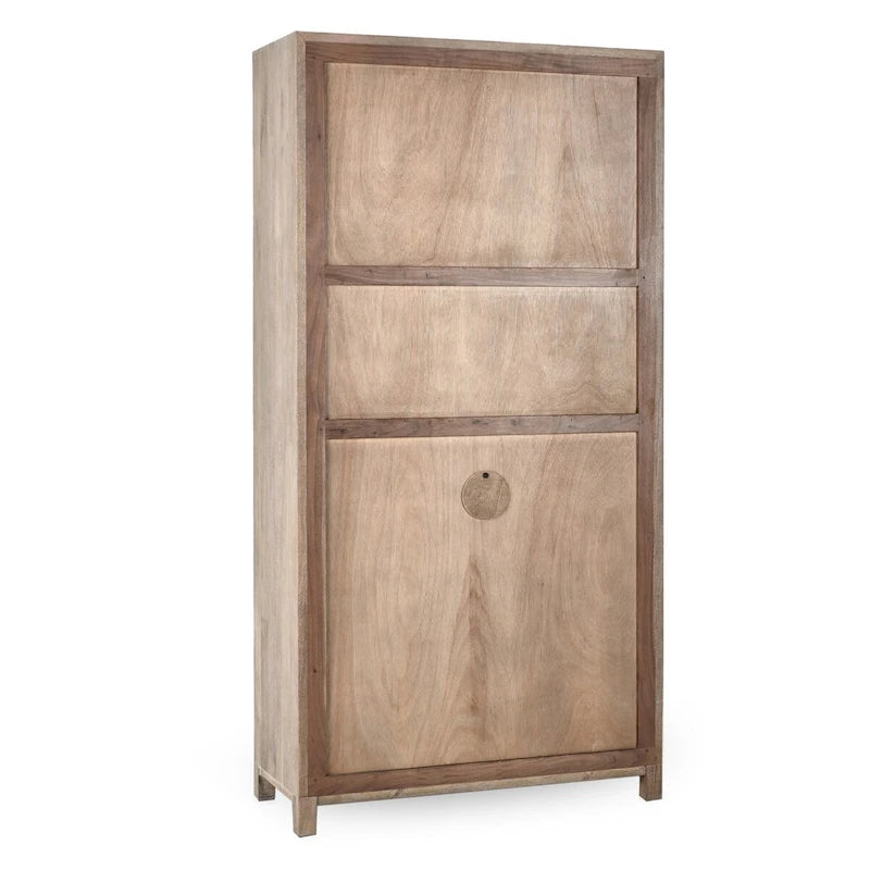 Taupe Mango Wood Display Cabinet with Glass Doors and Cane Drawer