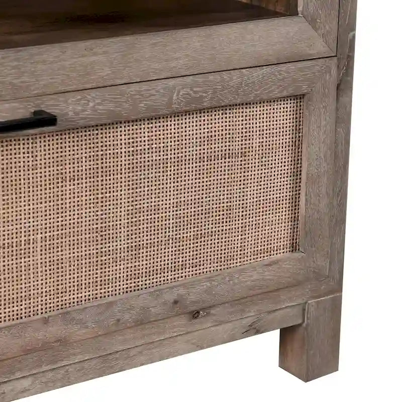 Taupe Mango Wood Display Cabinet with Glass Doors and Cane Drawer
