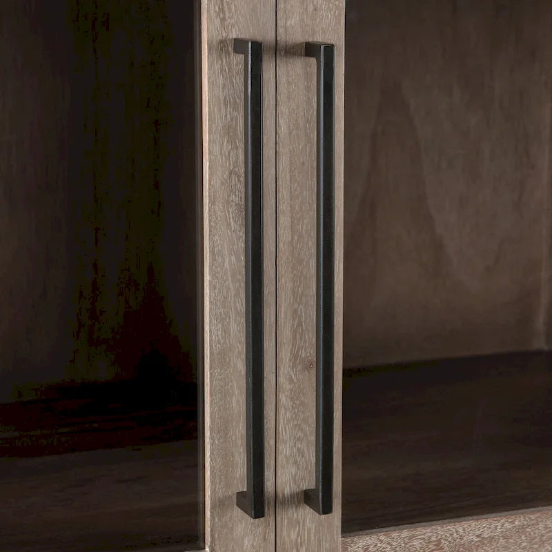 Taupe Mango Wood Display Cabinet with Glass Doors and Cane Drawer