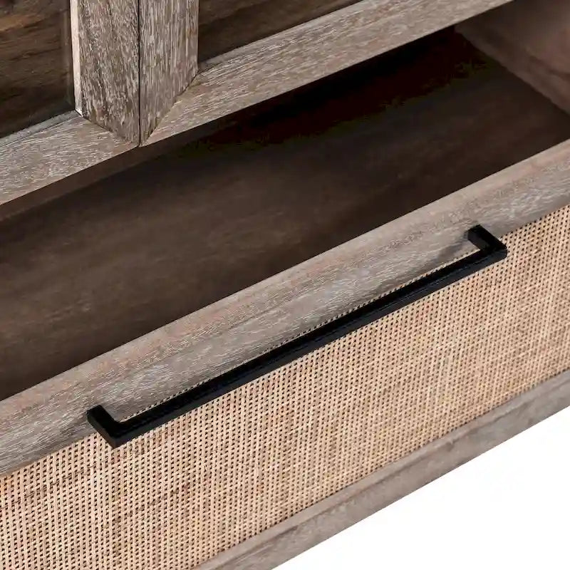 Taupe Mango Wood Display Cabinet with Glass Doors and Cane Drawer