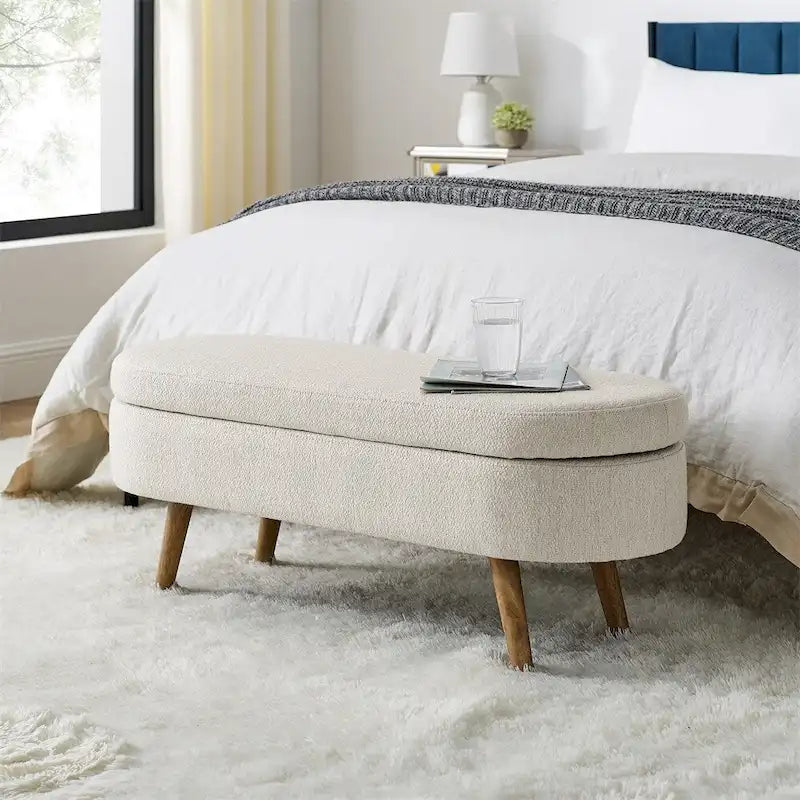 Oval Storage Bench Upholstered Footstool with Rubber Wood Legs Beige