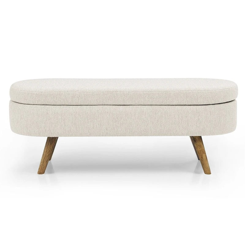 Ovale opbergbank, gestoffeerde voetenbank met poten van rubberhout, beige
