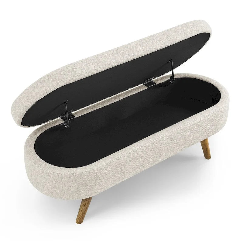Ovale opbergbank, gestoffeerde voetenbank met poten van rubberhout, beige