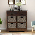 Farmhouse Storage Cabinet with 2 Drawers and 4 Woven Rattan Baskets, Espresso/White Washed
