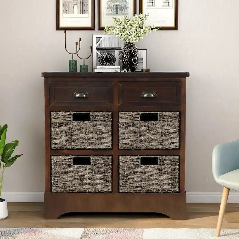 Farmhouse Storage Cabinet with 2 Drawers and 4 Woven Rattan Baskets, Espresso/White Washed