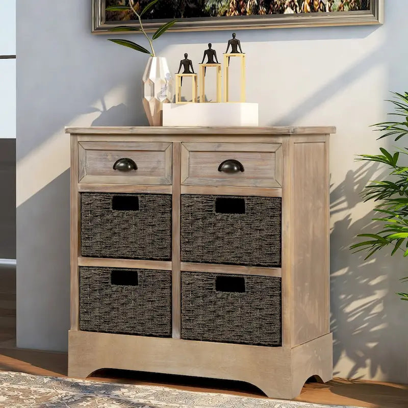 Farmhouse Storage Cabinet with 2 Drawers and 4 Woven Rattan Baskets, Espresso/White Washed