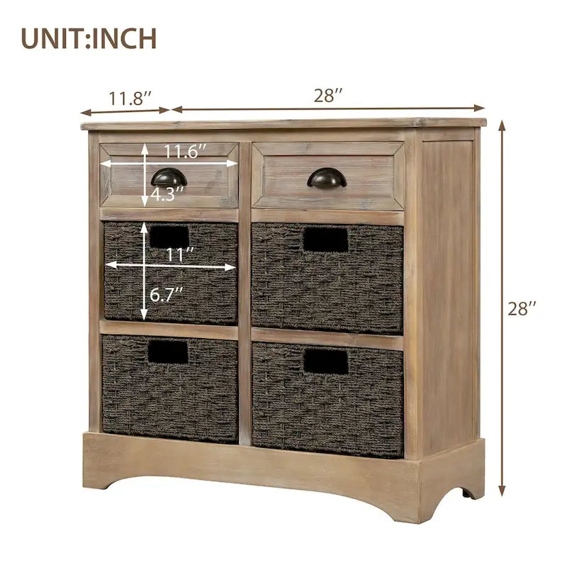 Farmhouse Storage Cabinet with 2 Drawers and 4 Woven Rattan Baskets, Espresso/White Washed