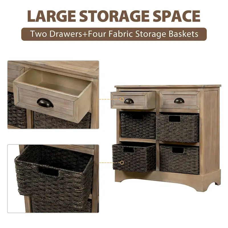 Farmhouse Storage Cabinet with 2 Drawers and 4 Woven Rattan Baskets, Espresso/White Washed