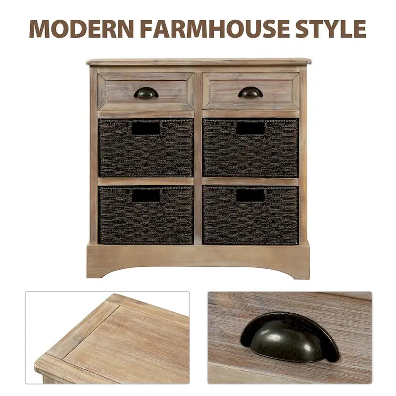 Farmhouse Storage Cabinet with 2 Drawers and 4 Woven Rattan Baskets, Espresso/White Washed