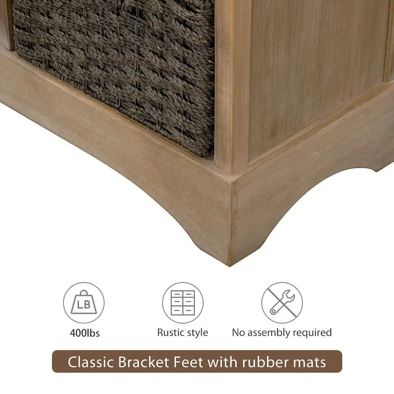 Farmhouse Storage Cabinet with 2 Drawers and 4 Woven Rattan Baskets, Espresso/White Washed